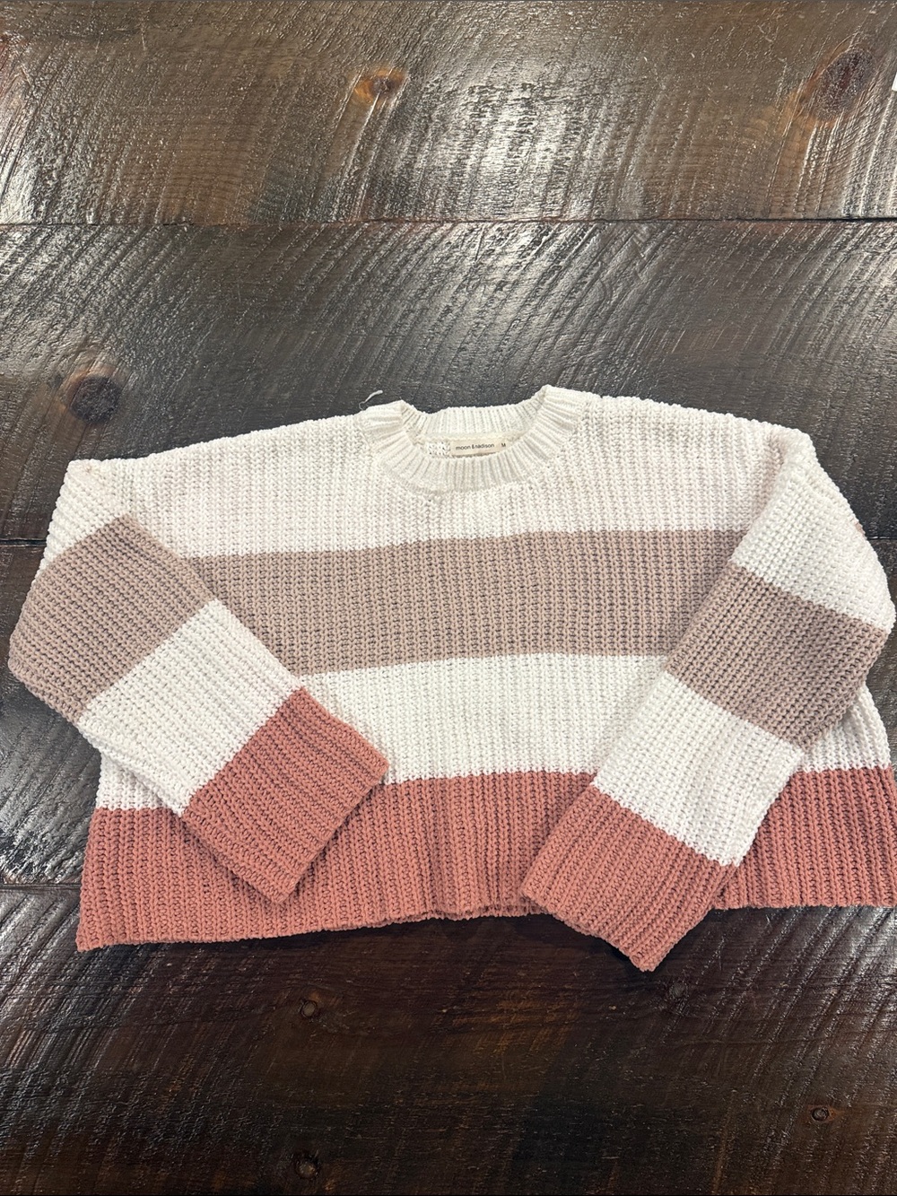 moon & madison Striped Crewneck Sweater in White, Blush, and Dusty Rose